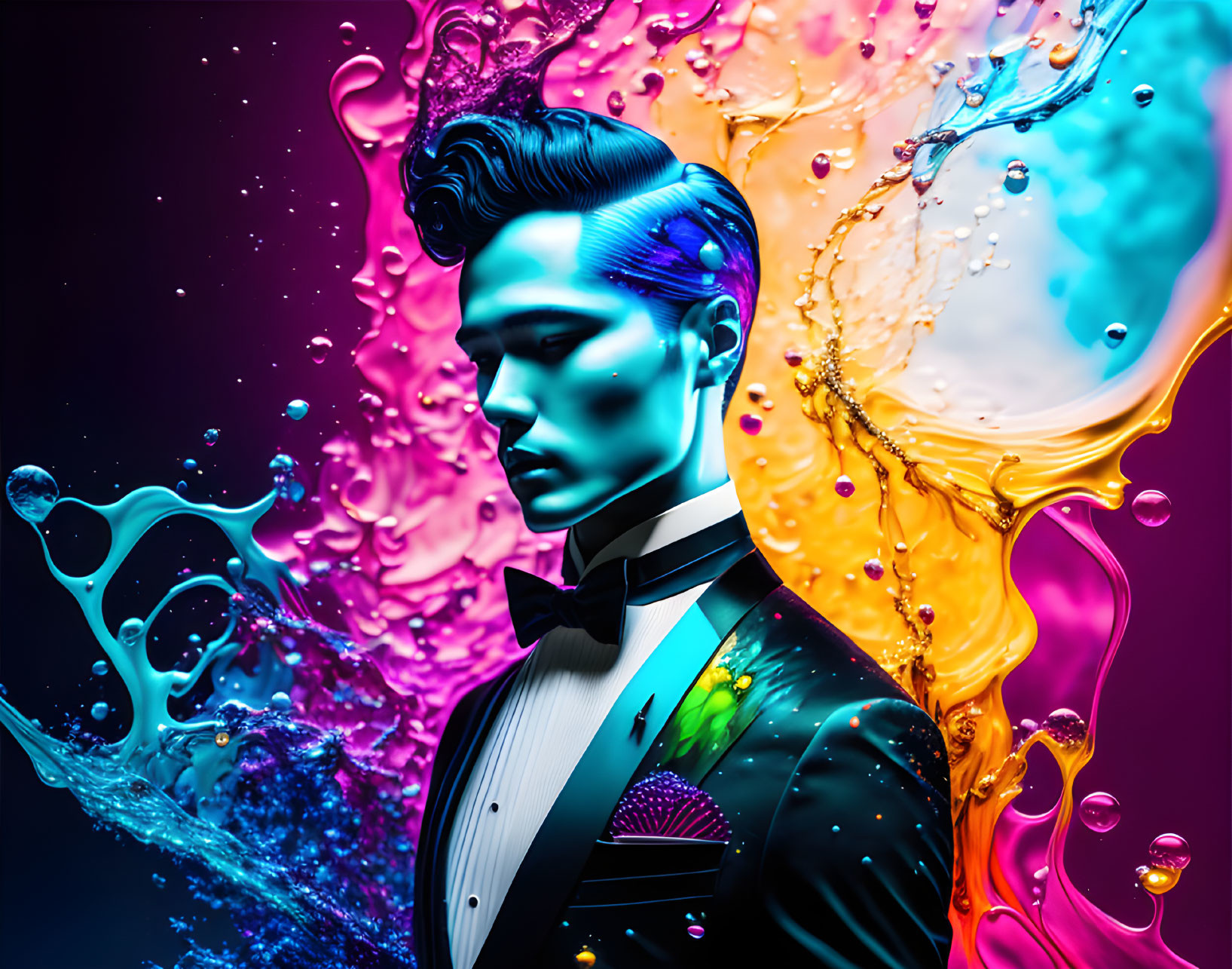 Colorful liquid splashes enhance man in tuxedo portrait