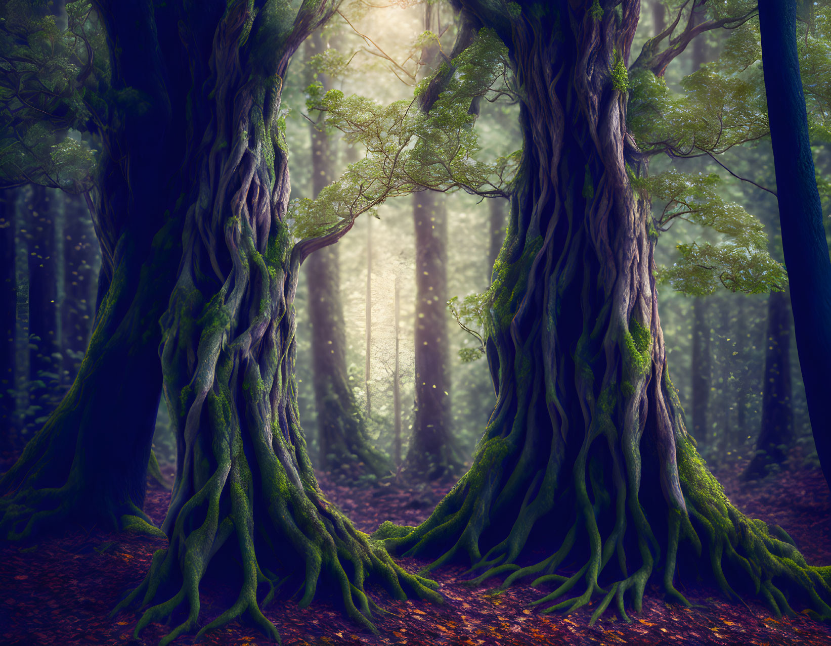 Mystical forest scene with sunlight filtering through mist and twisted trees.