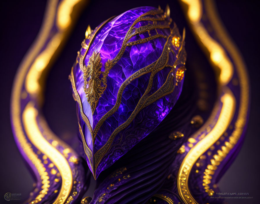 Purple and Gold Intricate Mask with Detailed Patterns on Dark Background