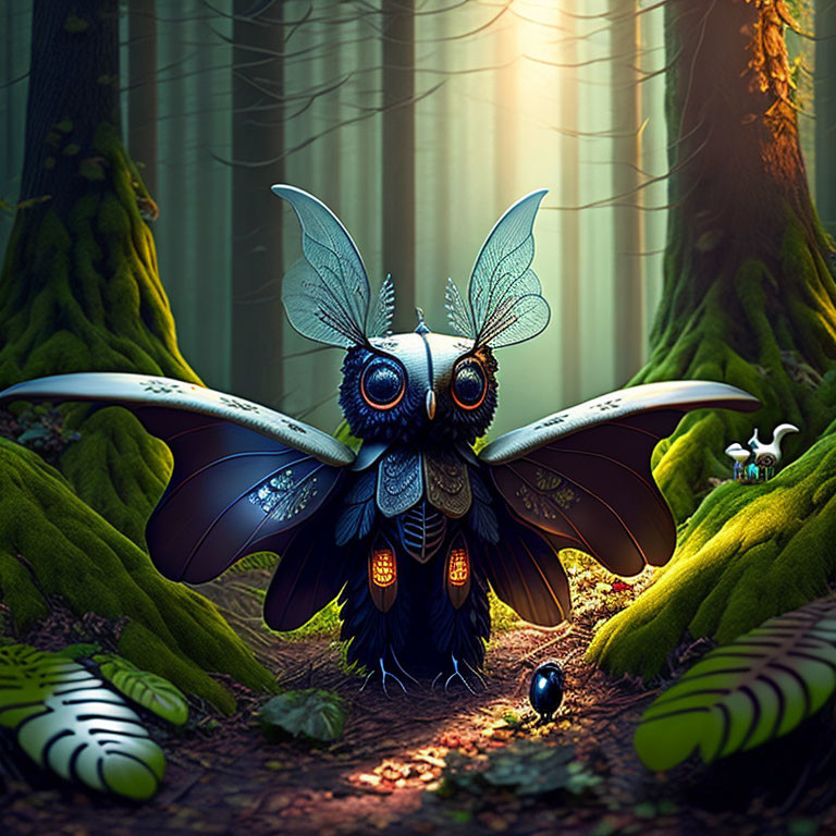 Iridescent-winged creature with owl-like features in enchanted forest