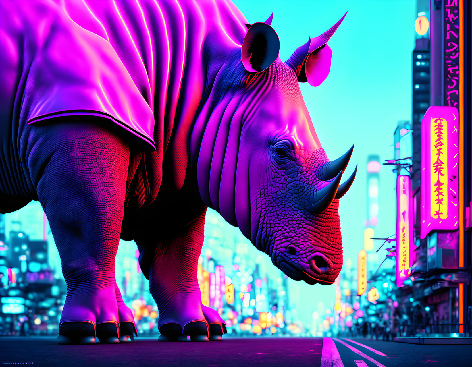 Colorful neon rhinoceros illustration in urban setting with futuristic city lights.