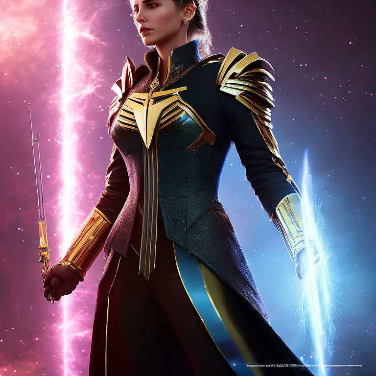 Regal figure in sci-fi armor with glowing sword against cosmic backdrop