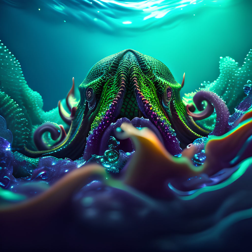 Colorful digital artwork of glowing octopus-like creature with swirling tentacles