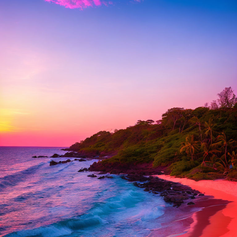 Colorful tropical beach sunset with purple, pink, and orange sky over turquoise waves and rocky coastline.