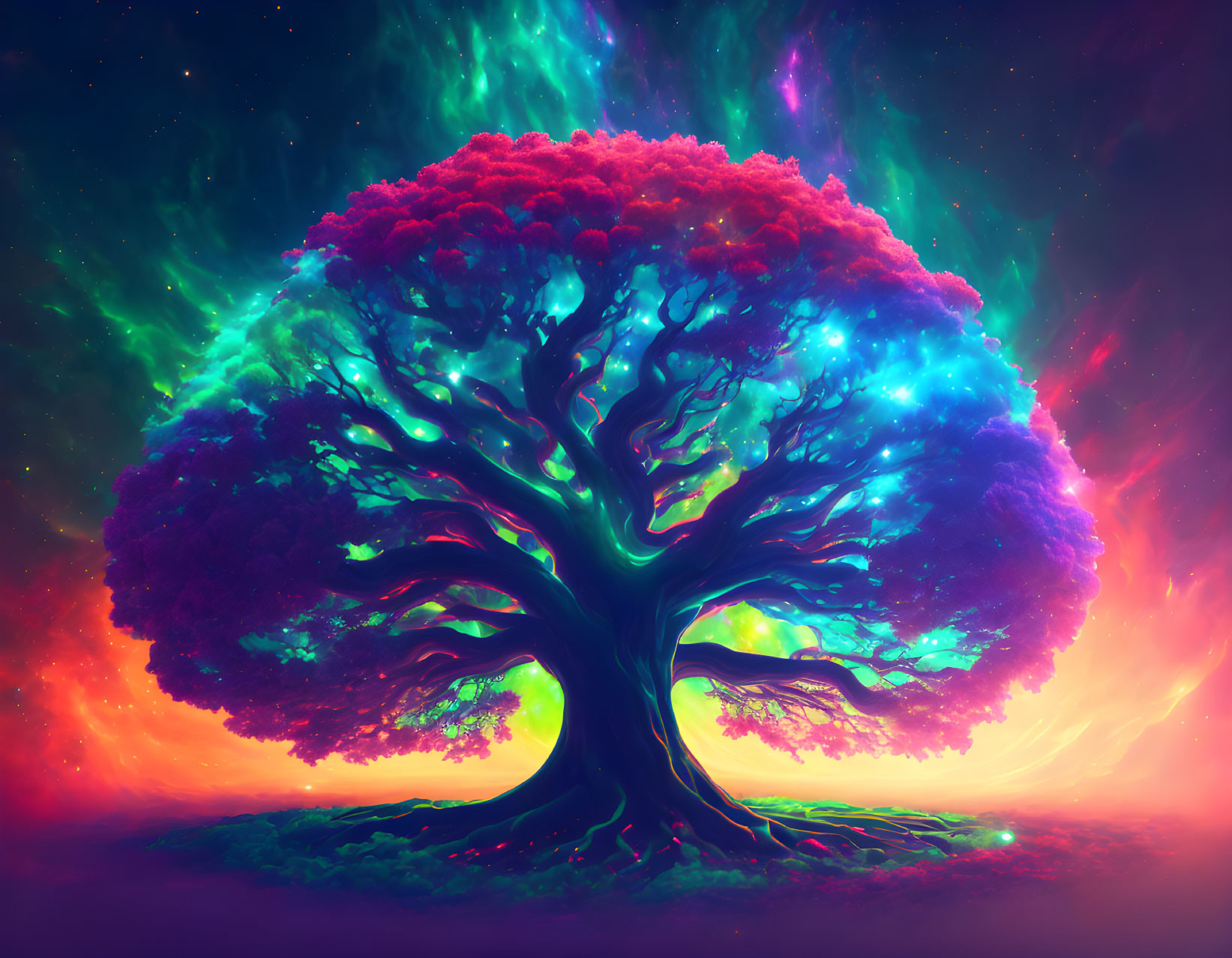 Colorful Tree Artwork in Cosmic Landscape