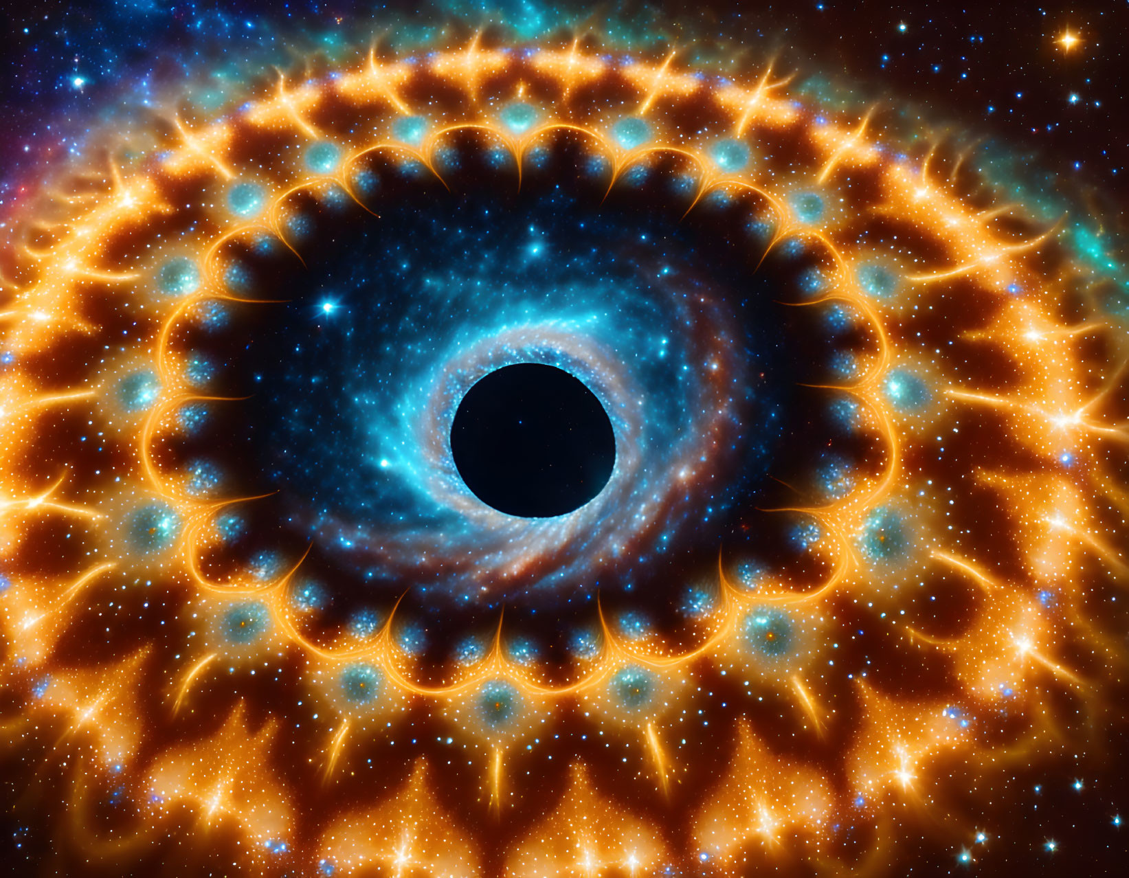 Black hole with glowing accretion disk and vibrant light patterns on starry background