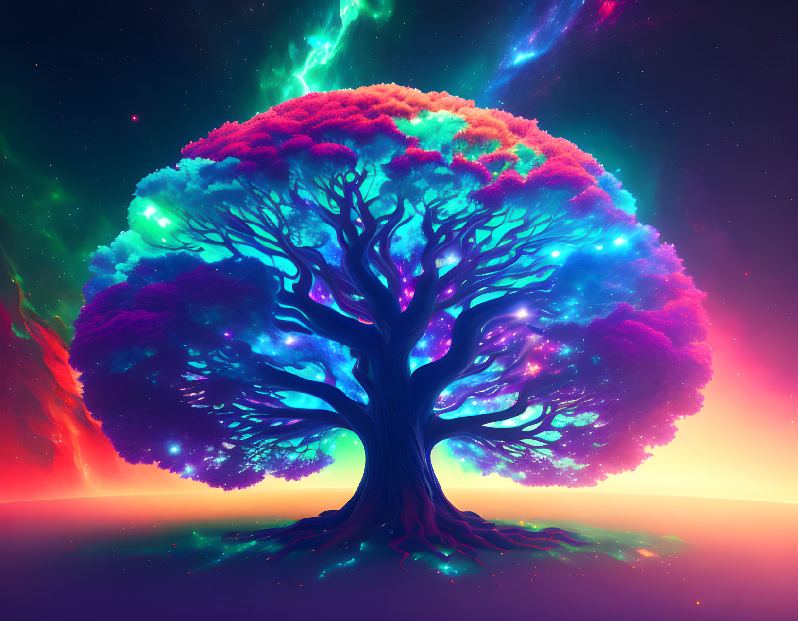 Colorful digital artwork: Neon tree against cosmic sky