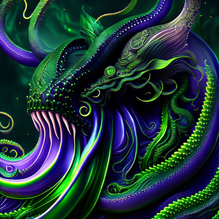 Colorful Stylized Dragon Artwork in Green and Purple Swirls