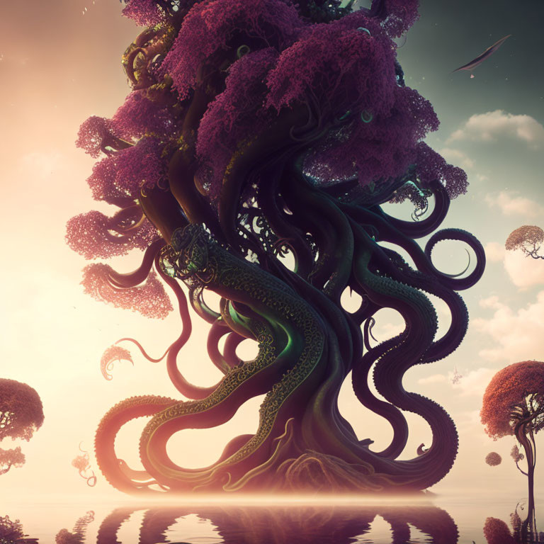 Fantastical image: Massive twisting tree with purple foliage under dreamy sky & floating islands.