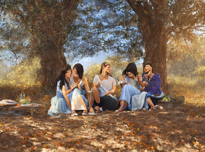 Women in Dresses Picnicking Among Autumn Leaves