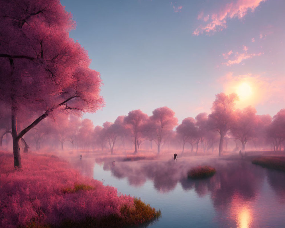 Tranquil sunrise landscape with misty river and pink foliage