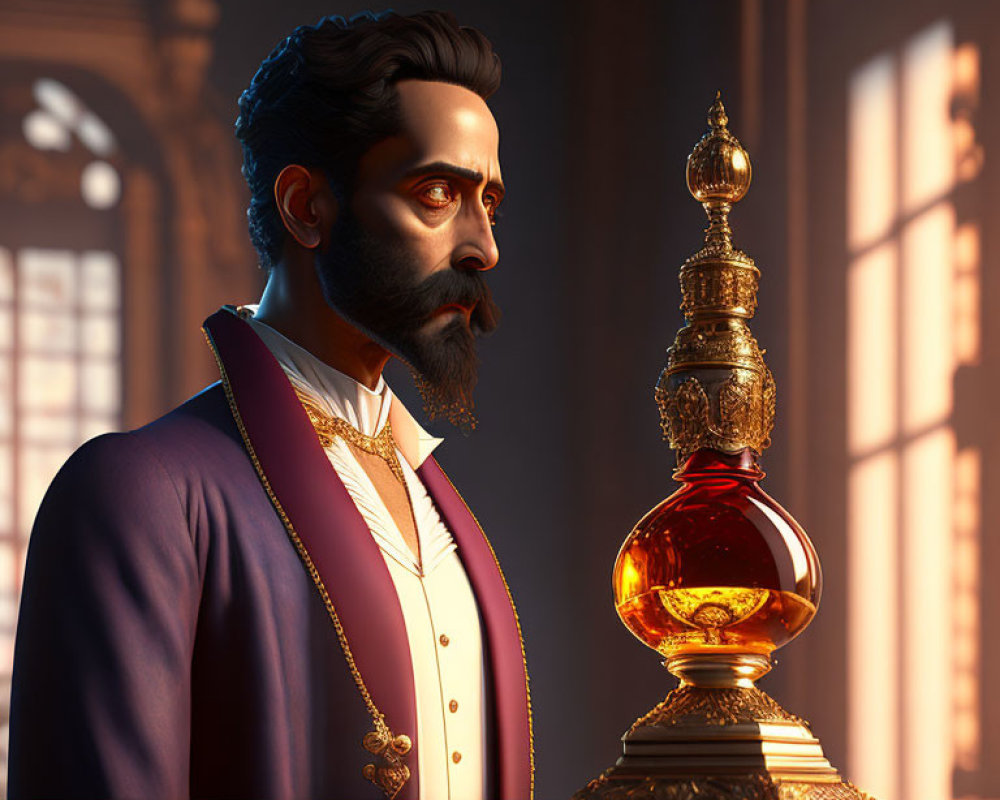 Stylized 3D-rendered male figure in Victorian outfit with ornate hourglass in sun