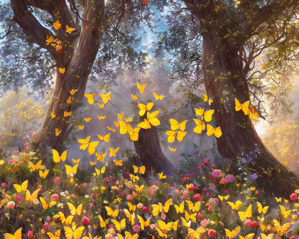 Vibrant flowers and yellow butterflies in lush forest scene