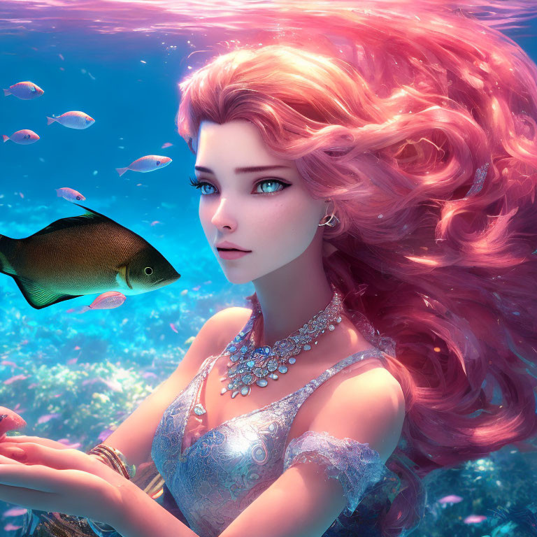 Digital artwork: Underwater scene with woman, pink hair, fish, necklace, blue dress