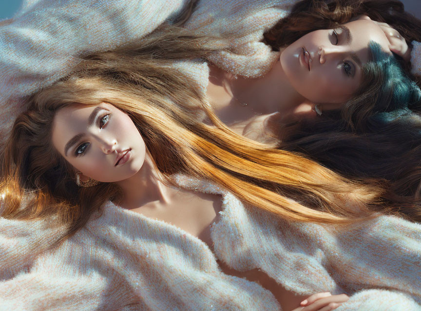 Two Women with Spread Out Hair in Light-Colored Tops