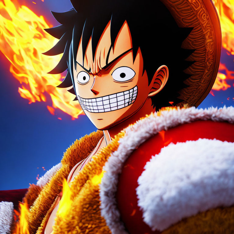 Animated character with black spiky hair in straw hat, red & white outfit, against fiery backdrop