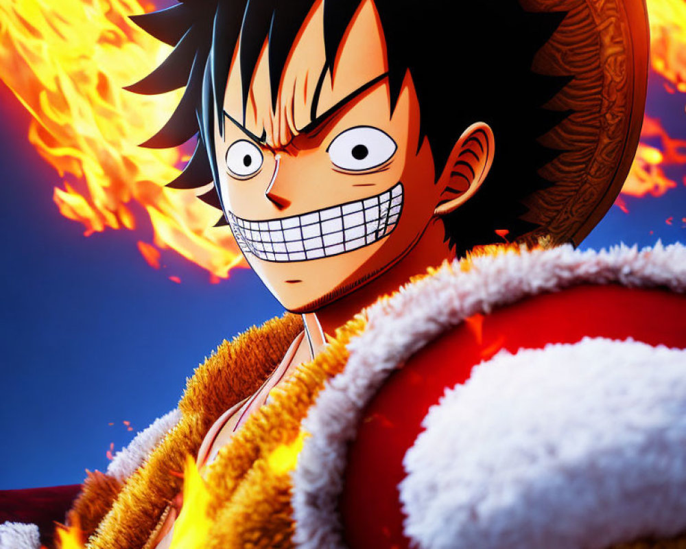 Animated character with black spiky hair in straw hat, red & white outfit, against fiery backdrop