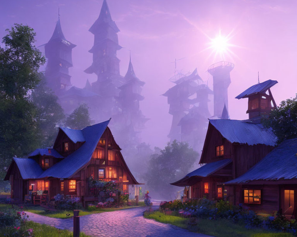 Fantasy village with quaint houses and tower at sunrise in soft purple hues