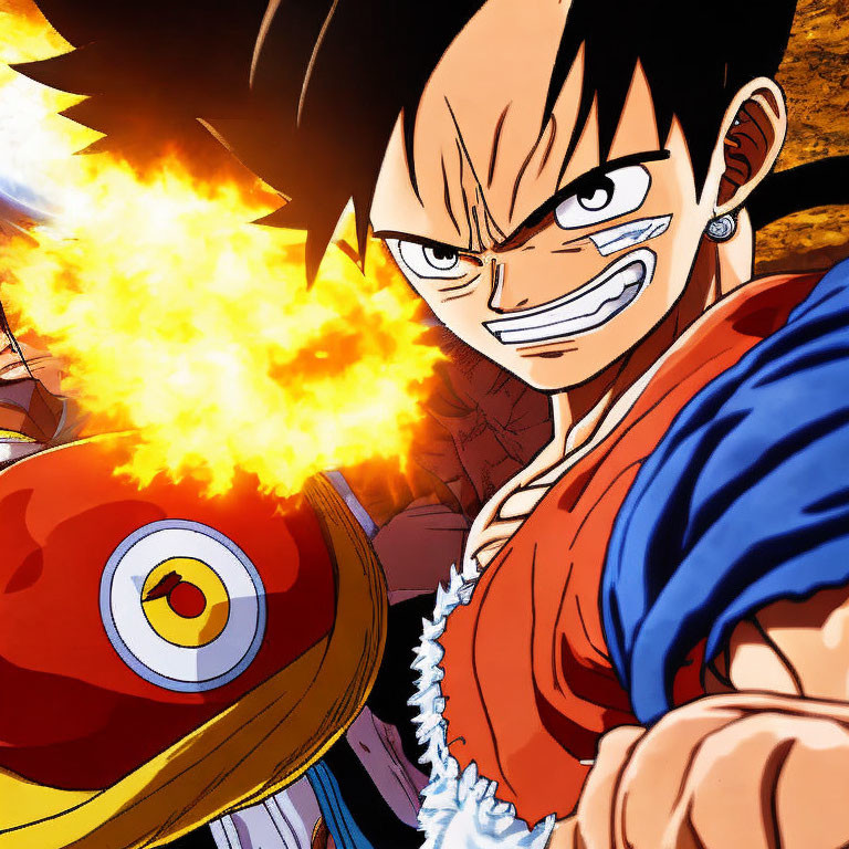 Animated character with straw hat, black hair, scar, red vest, confidently smiling in flames