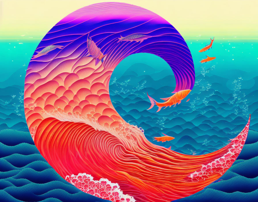 Colorful digital artwork of stylized wave and fish in gradient sea