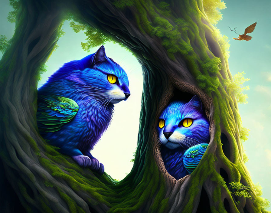 Vibrant blue winged cats in mossy tree with butterfly.