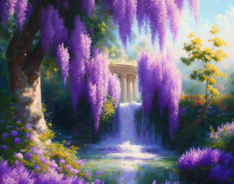 Tranquil garden scene with purple wisteria and pavilion