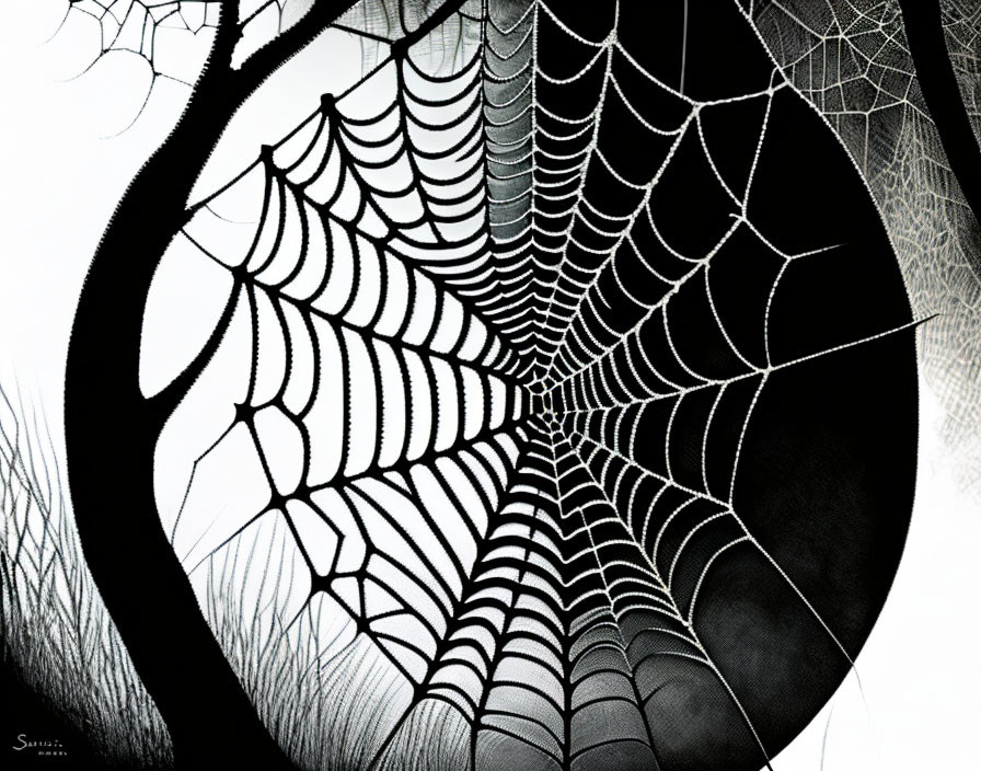 Intricate spider web drawing on dark background with grass silhouettes