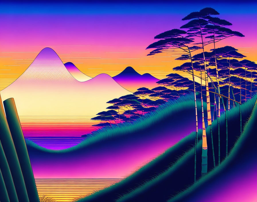 Colorful digital artwork of neon landscape with mountains, trees, and sunset sky