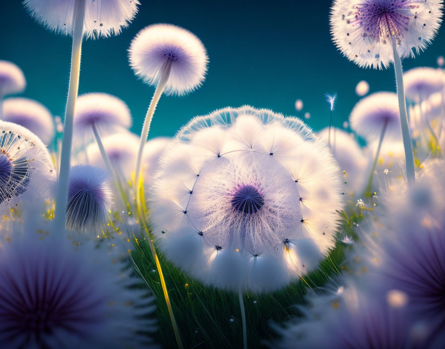 Delicate white dandelion seed heads in a teal-blue field