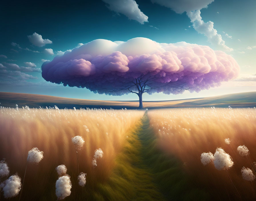 Surreal landscape with lone cloud-like tree in golden field