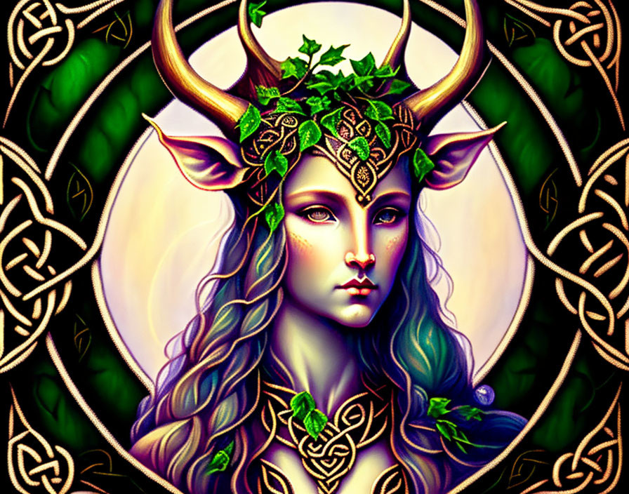 Mystical creature with antlers and Celtic knot designs in illustration