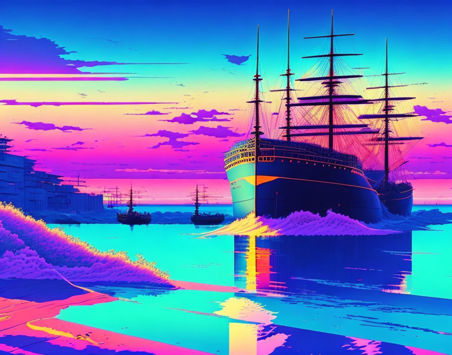 Colorful digital artwork: Tall ships at sea under vibrant sunset sky