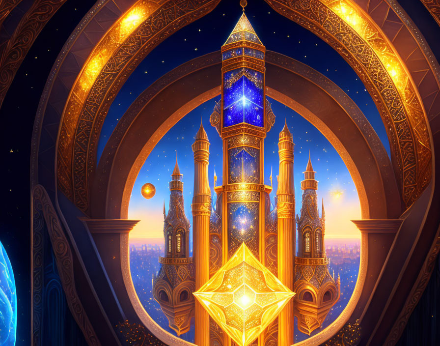 Ornate glowing citadel with towering spires under starry night sky