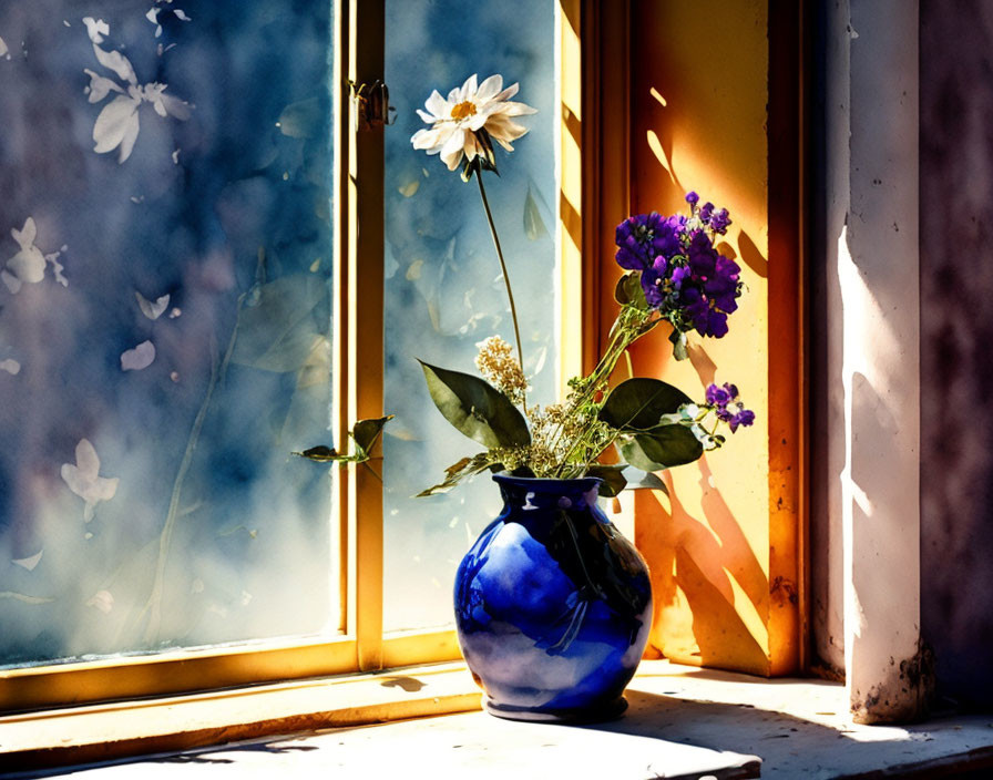 Blue Vase with Flowers on Sunlit Windowsill with Frosted Glass and Butterflies