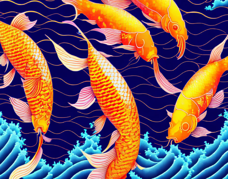 Colorful Koi Fish Swimming in Blue Water with White Waves