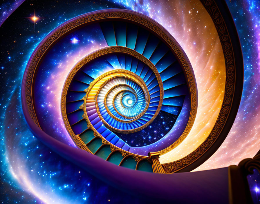 Vibrant digital art: Golden spiral staircase in cosmic backdrop