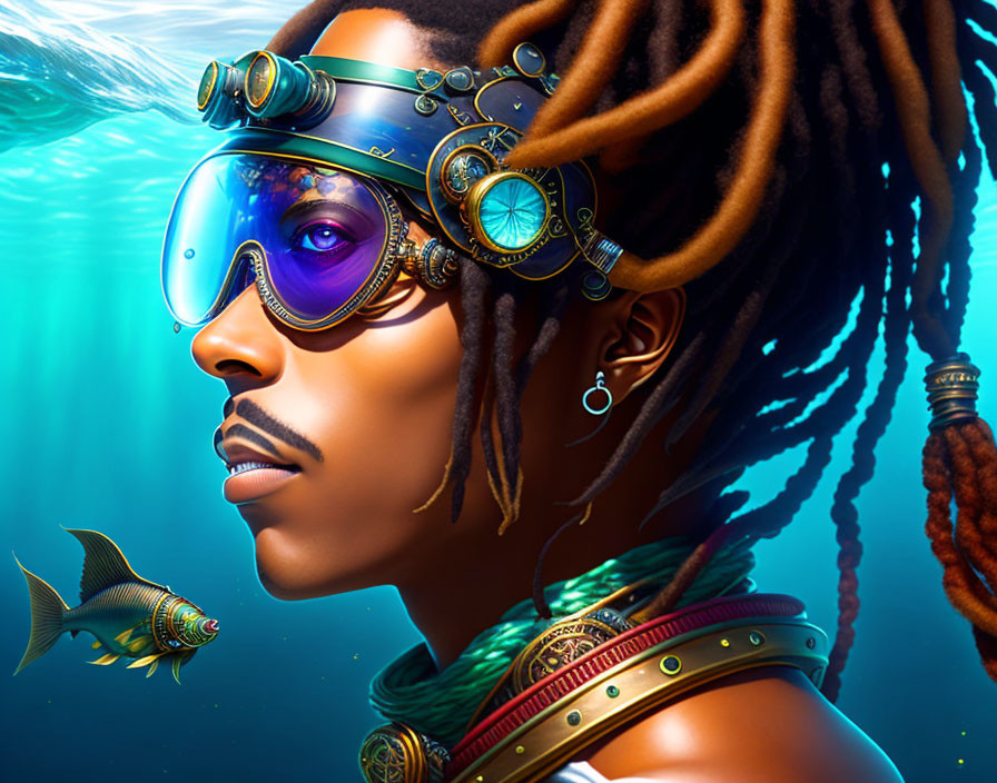 Digital artwork: Person with steampunk goggles, dreadlocks, futuristic accessories, blue aquatic backdrop,