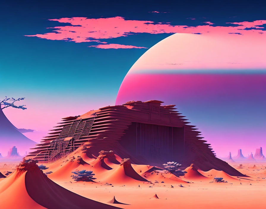 Large spherical structure in futuristic desert landscape under pink and purple sky