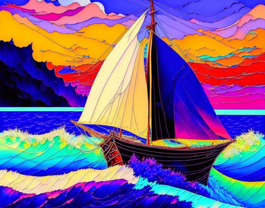 Colorful sailing ship art with vibrant sails on dynamic sea and sky