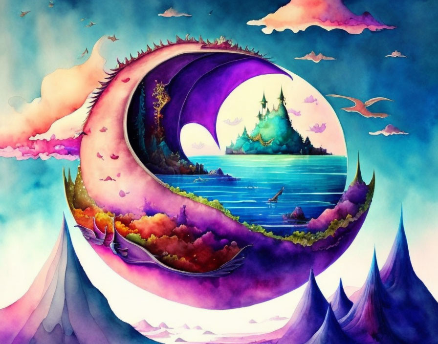 Fantasy crescent moon watercolor with vibrant landscape