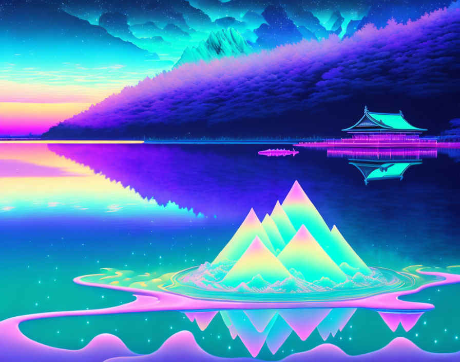 Neon-lit landscape with floating pyramids and starry sky