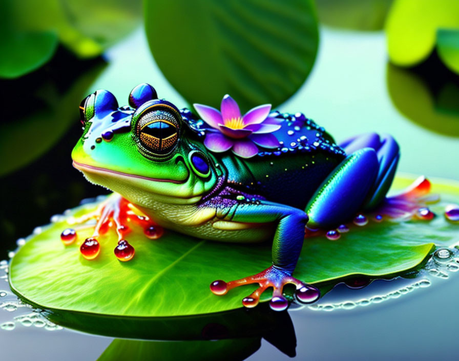 Vibrant frog on lily pad with lotus flower in background