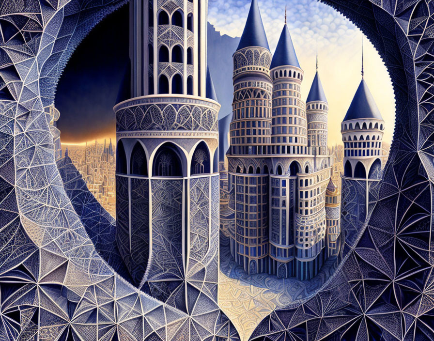 Geometrically complex digital artwork with surreal castle-like structures