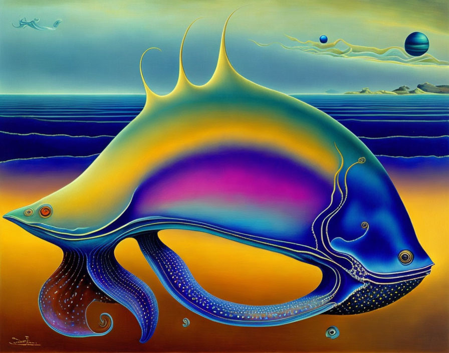 Colorful surrealistic fish painting in ocean landscape with planets and crescent moon