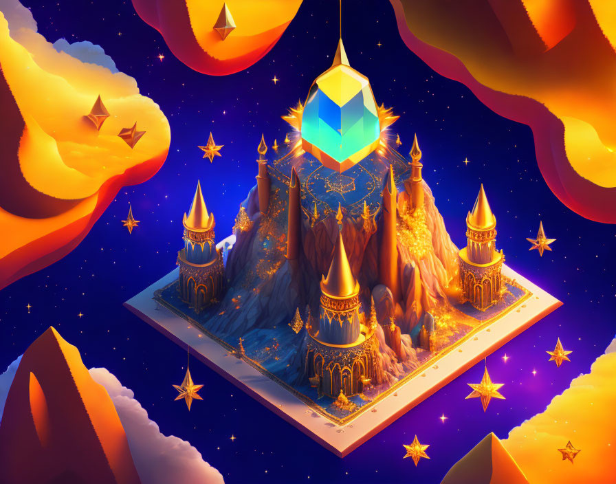 Fantasy floating island with magical castles, glowing crystal, stars, and ethereal clouds.