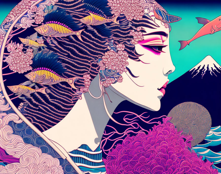 Stylized illustration of woman with intricate hair and nature elements.