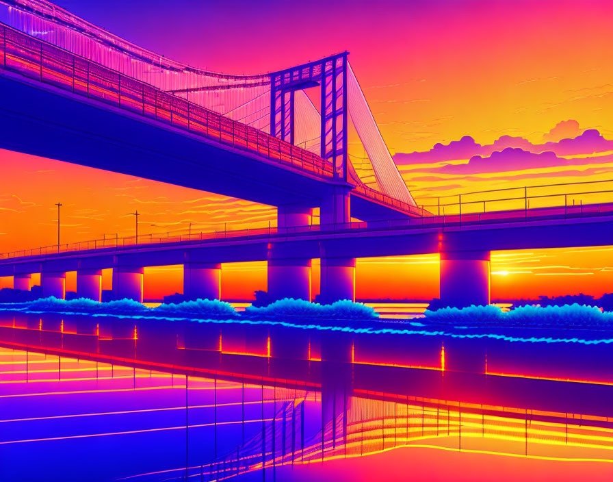 Digital art: Suspension bridge over reflective water under surreal sunset sky