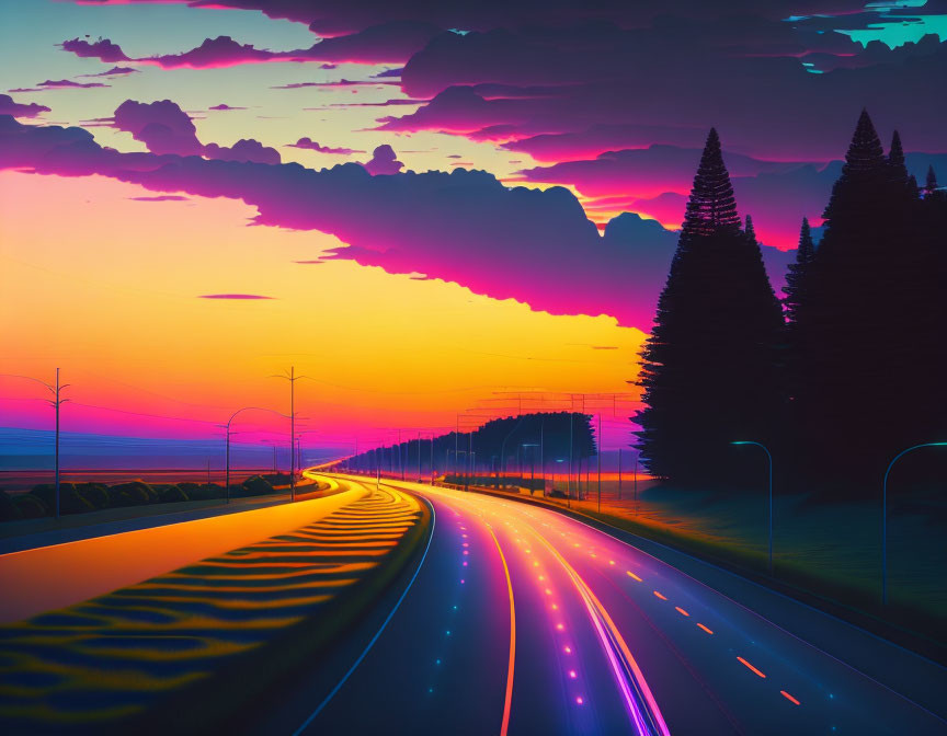 Colorful sunset highway with light trails and silhouetted trees