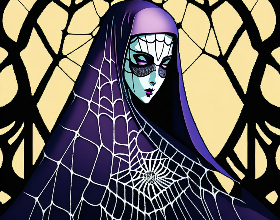 Stylized female figure with spider-web motif on yellow background