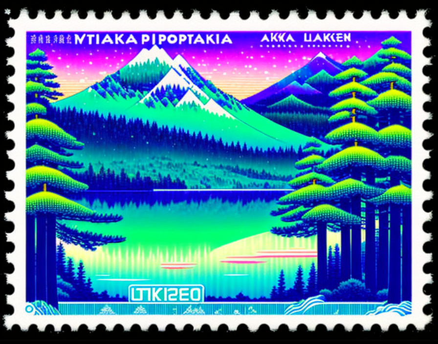 Colorful postage stamp: Mountain landscape, trees, starry sky in neon colors